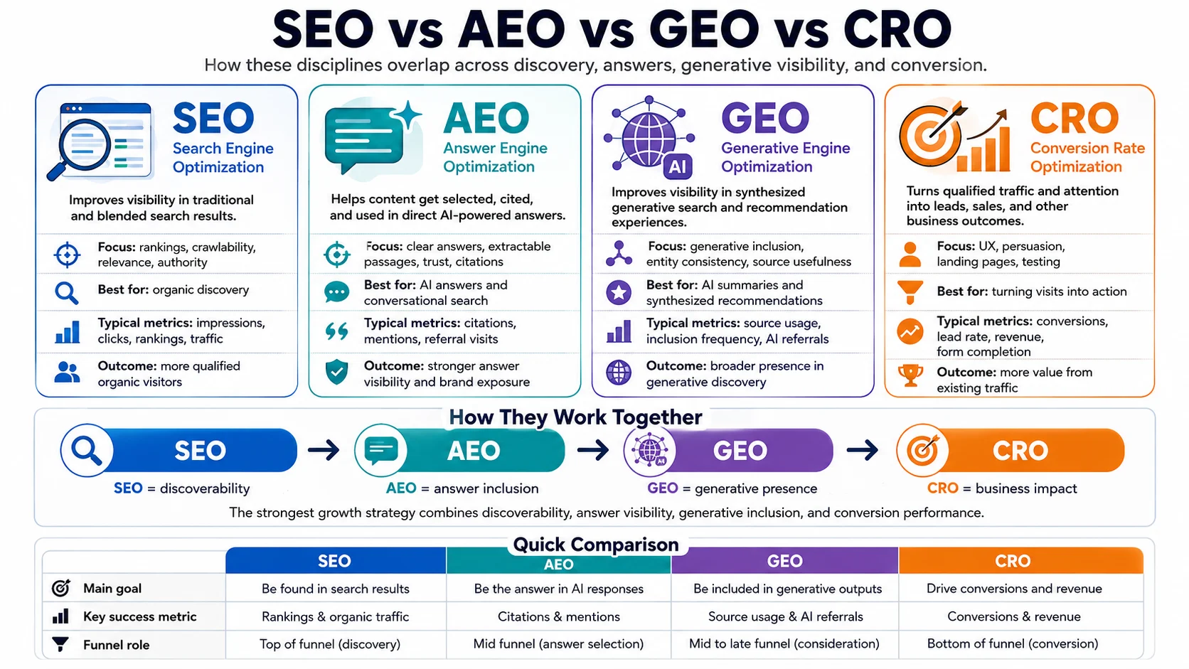 Comparison of SEO, answer engine optimization, generative engine optimization, and conversion optimization