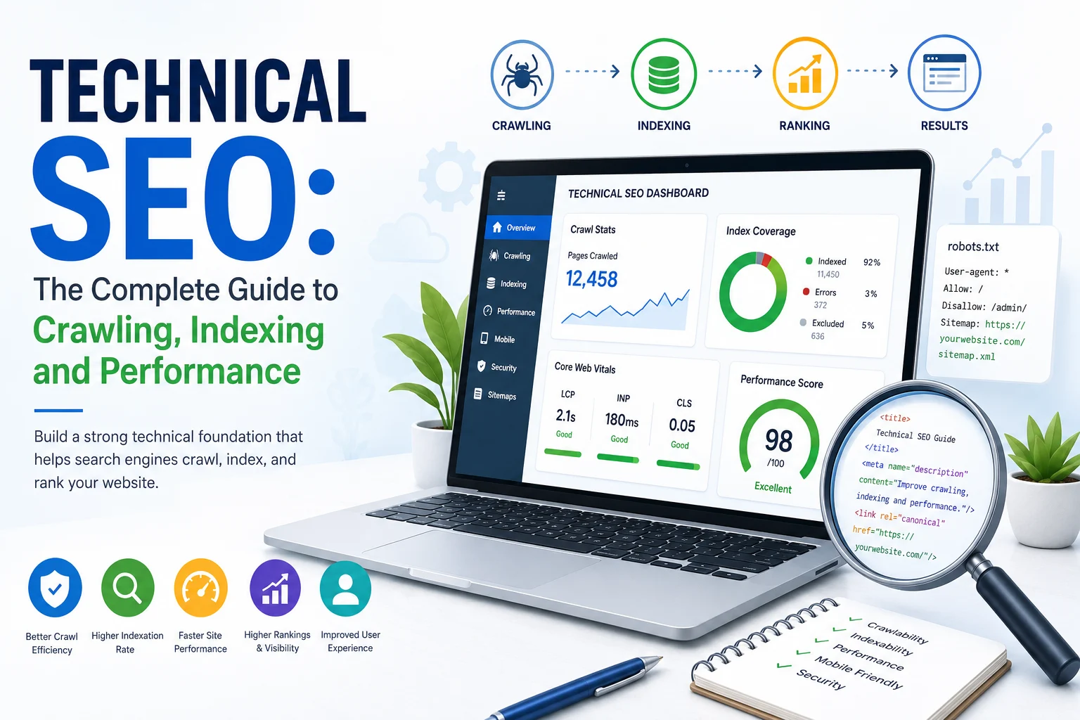 Technical SEO guide and dashboard illustration
